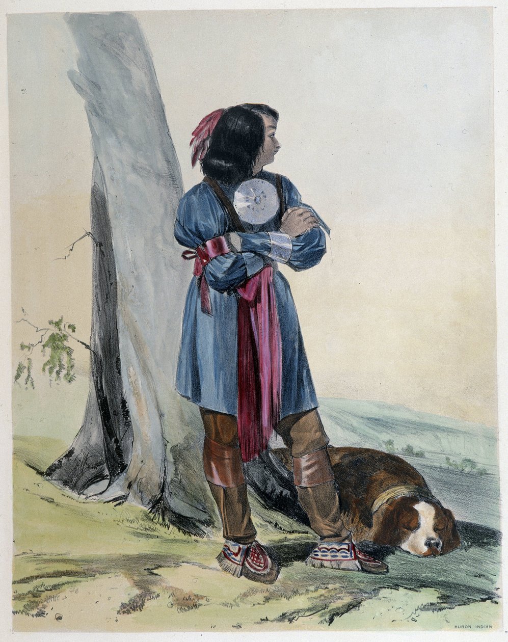 Portret van een Huron, Indiaan van Canada, met zijn hond - in 