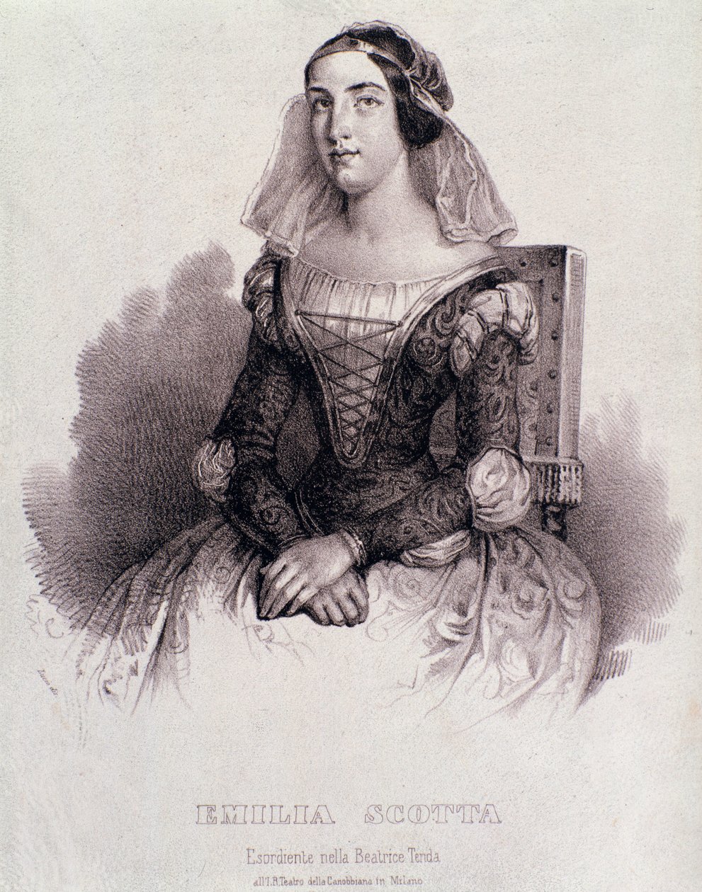 Portret van zangeres Emilia Scotta in de opera Beatrice de Tende door Unknown artist