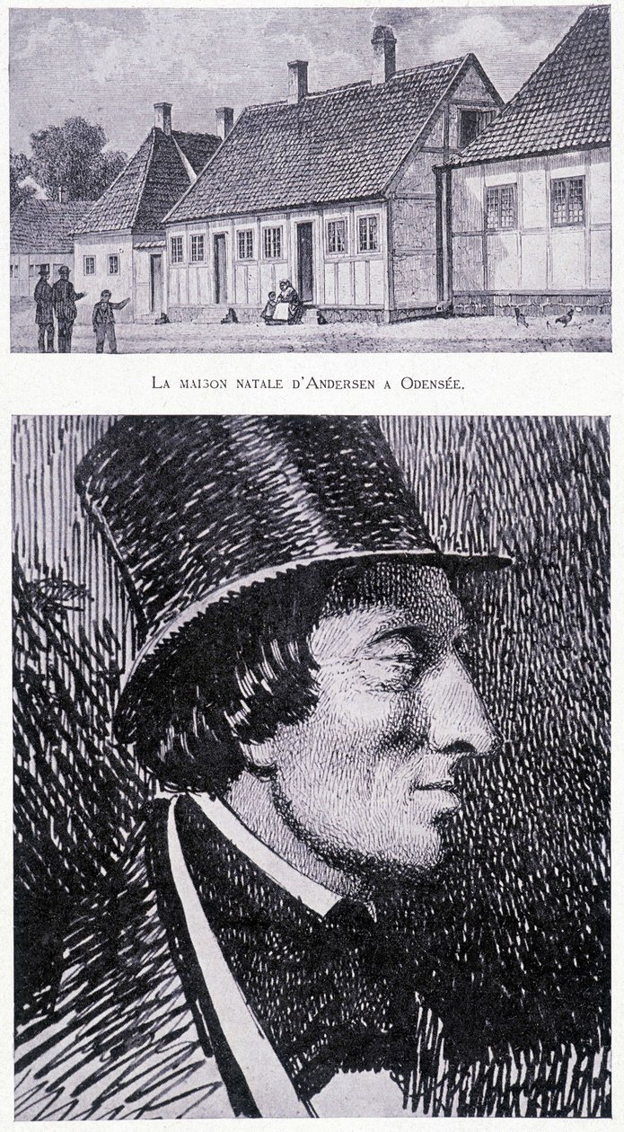 Portret van de Deense schrijver Hans Andersen (1805 - 1875) en zijn huis in Odense, Denemarken, circa 1832 door Unknown artist