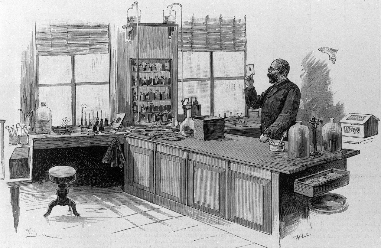 Portret van de Duitse arts Robert Koch in zijn laboratorium door Unknown artist