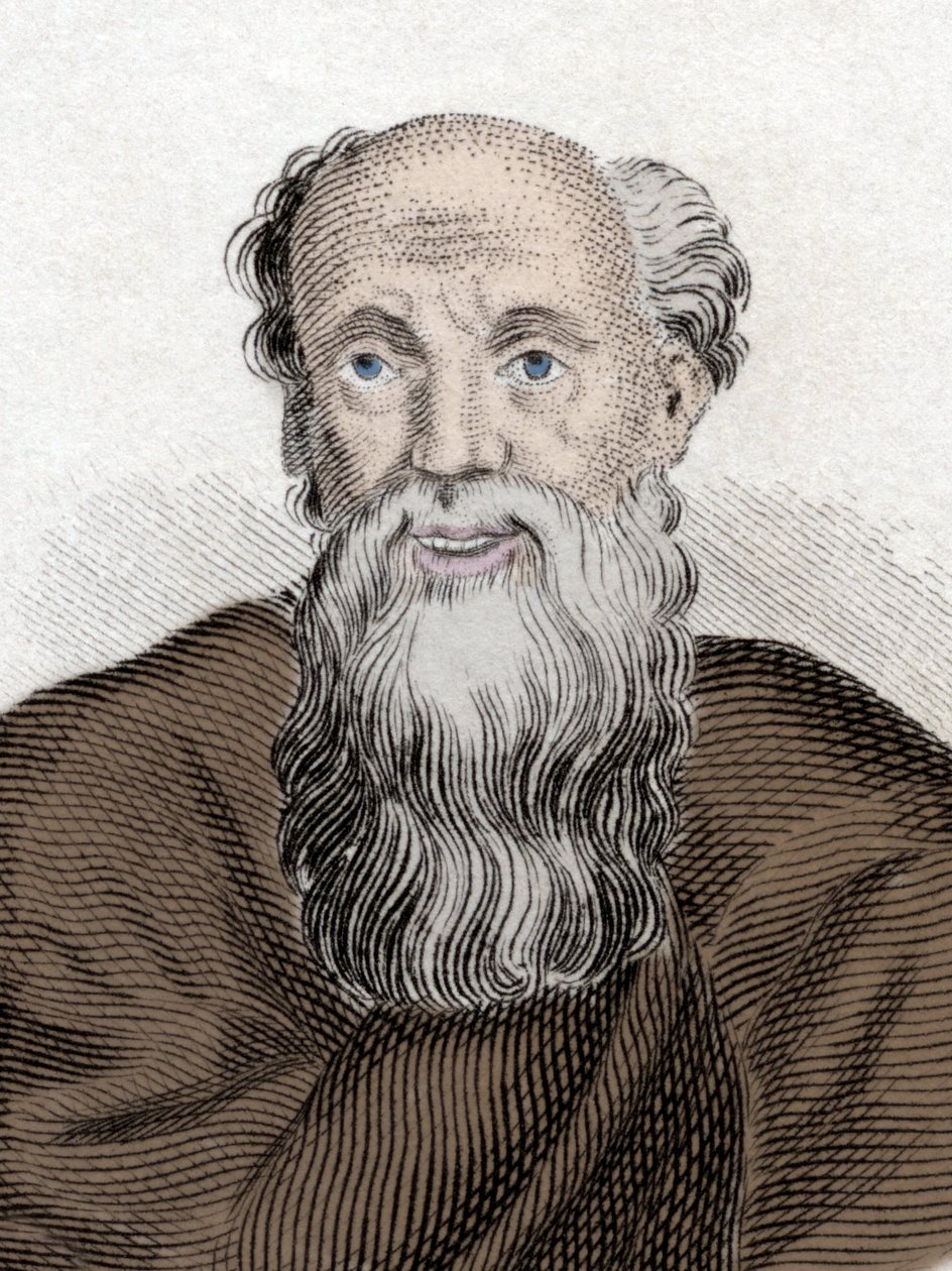 Portret van de Griekse filosoof Democritus (460-370 v.Chr), Democritus van Abdere. Gravure uit de 19e eeuw. door Unknown artist