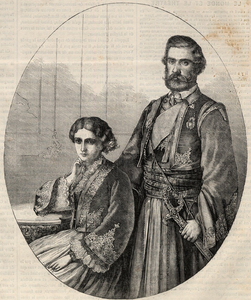 Portret van de Prins van Servië Michael III (1823-1868) en Prinses Julie (1831-1919). Gravure in 