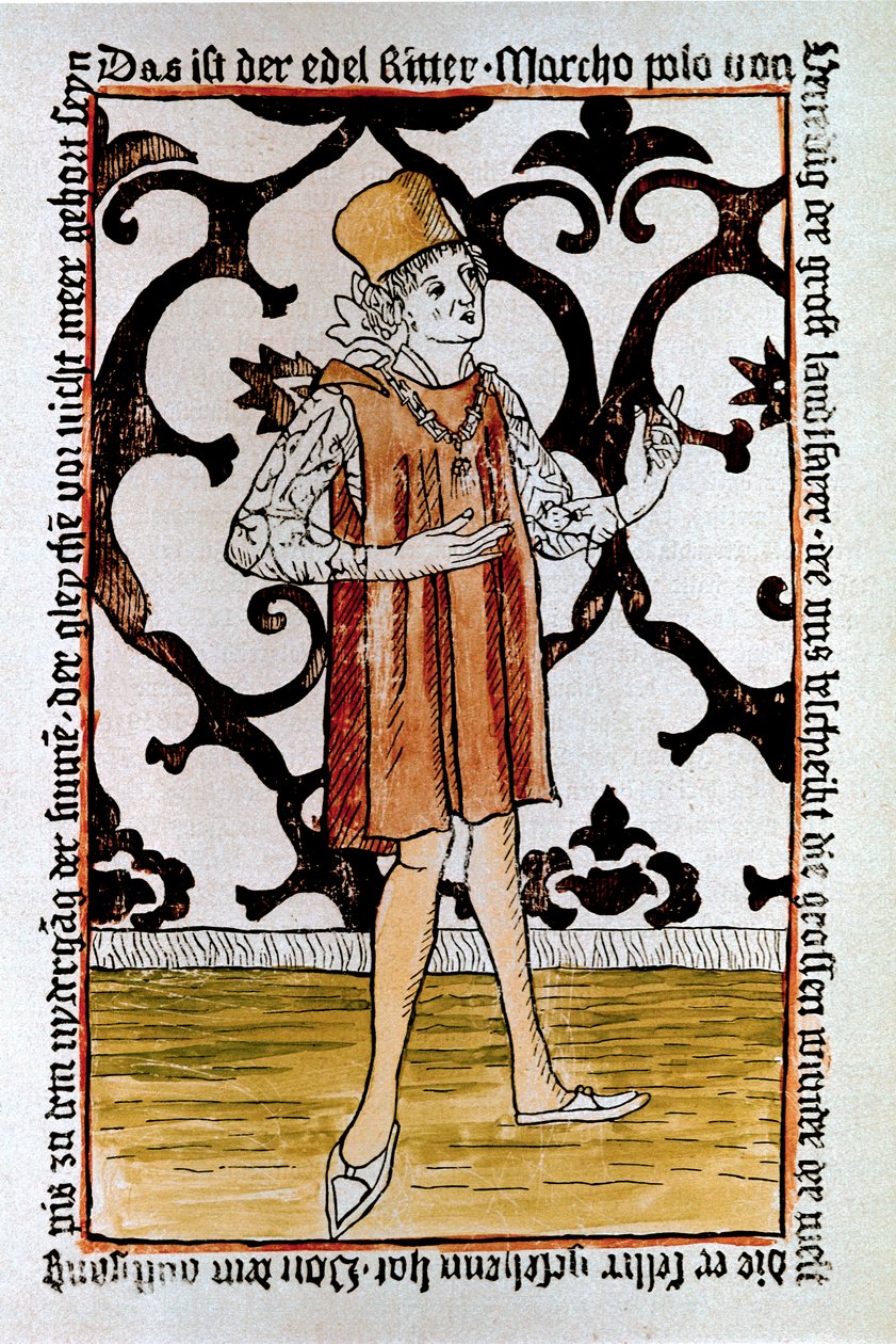 Portret van de Venetiaanse ontdekkingsreiziger Marco Polo (1254-1324) Frontispice van de eerste editie van “Il Milione: Het Boek der Wonderen” (Devisement du monde) Neurenberg door Unknown artist