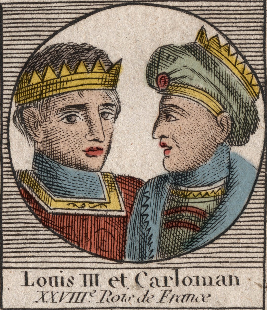 Portretten van Lodewijk III (863/65-882) koning van de Franken tussen 879 en 882 en Carloman II (866-884), koning van de Franken van 879 tot 884 (gravure uit 