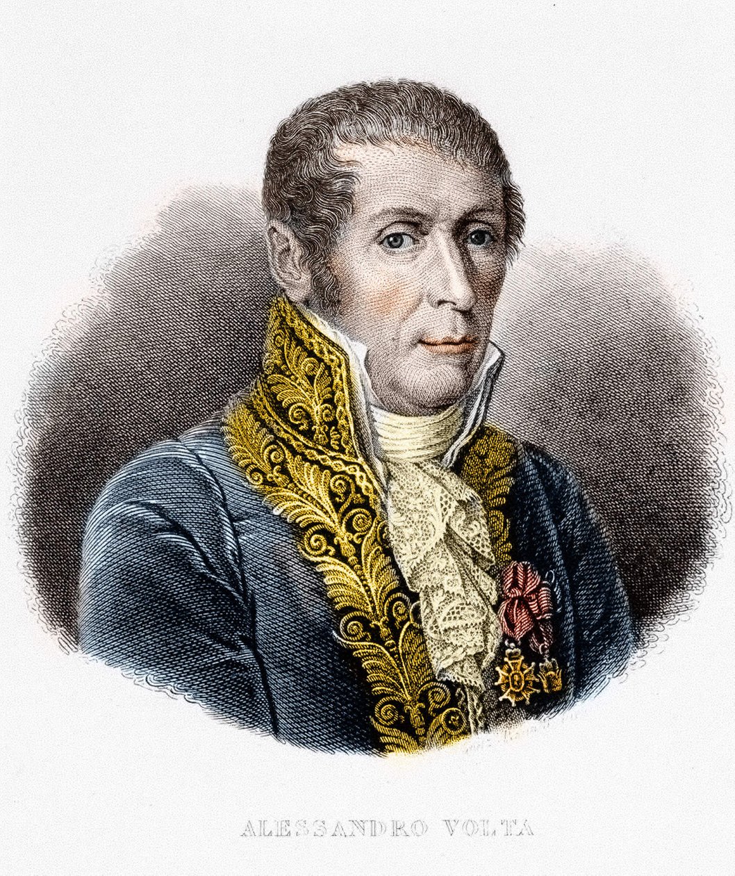 Portret van Alessandro (Alexandre) Volta (1745 - 1827). Italiaanse natuurkundige, uitvinder van de elektrische batterij. 19e-eeuwse gravure door Unknown artist