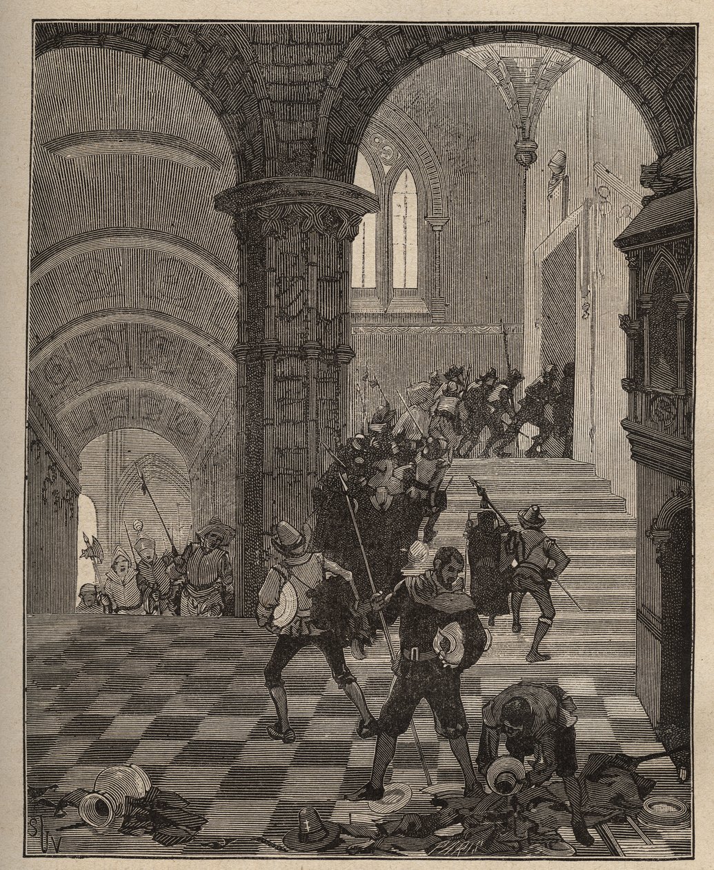 Aardewerk: vernietiging van de “Henri II” fabriek tijdens de plundering van het kasteel van Oiron (Deux Sèvres) in 1568 tijdens de Liga. Gravure uit 1885 in “Les arts et métiers illustrés” door Adolphe BITARD door Unknown artist
