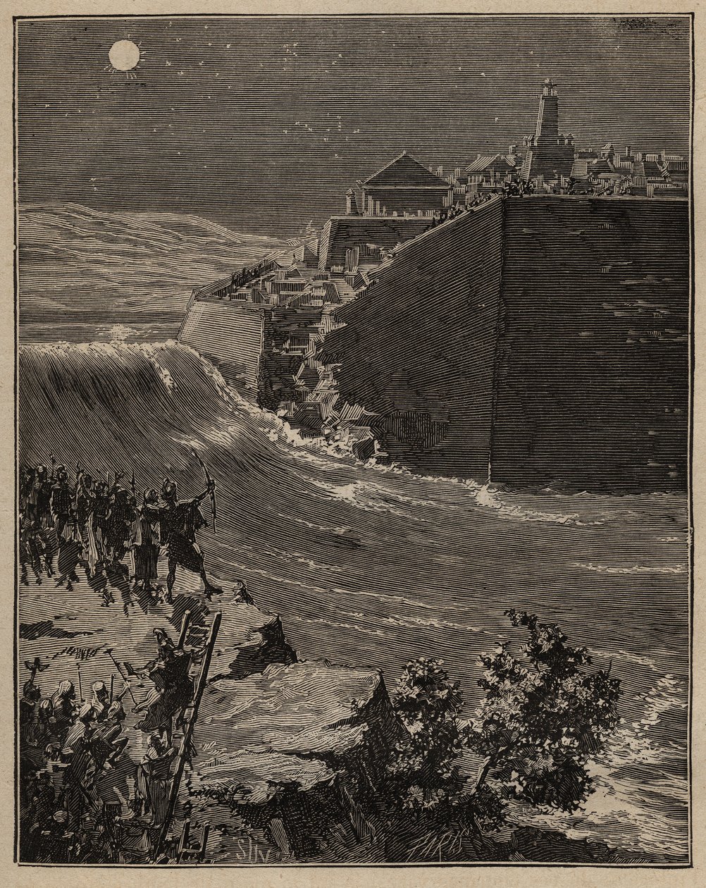 Pottenbakkerij: ruwe bakstenen in het oude Griekenland. Het leger van Pausanias (5e eeuw v.Chr.) leidt de loop van een rivier om om de muren van ruwe baksteen die de stad Mantinea beschermen te vernietigen. Gravure uit 1885 in 