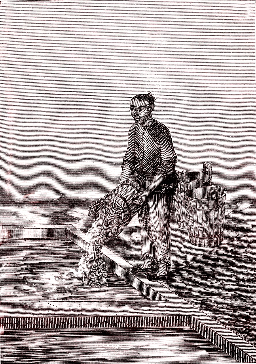 Kalk in het bekken gieten, papierfabricage in China (3e eeuw v.Chr.) (gravure door Unknown Artist