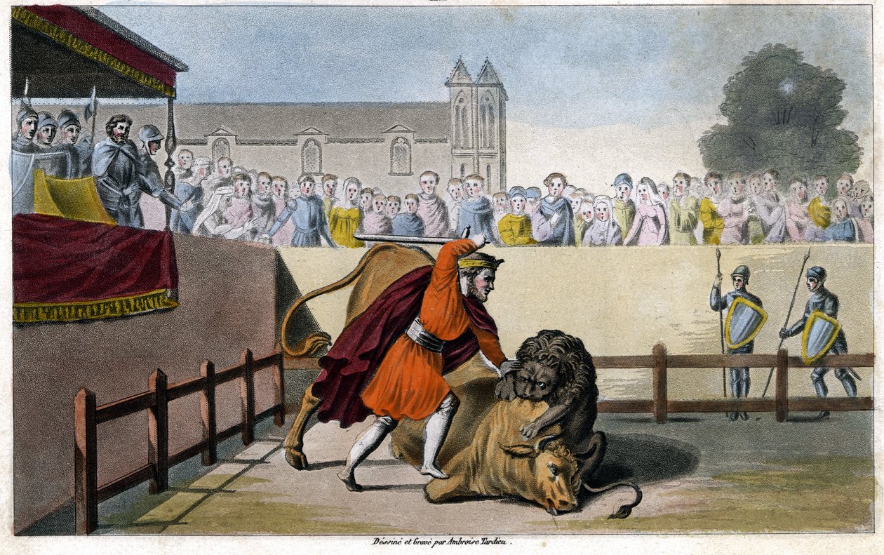 Pepijn de Korte doodt een leeuw die vecht met een stier - gravure door Unknown artist