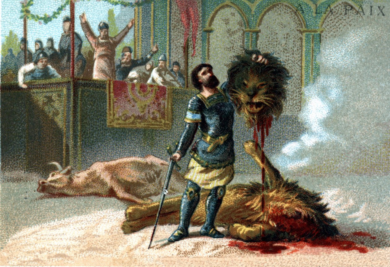 Pepijn de Korte (715-768), koning van de Franken, vecht tegen een leeuw en een stier tijdens de feesten ter ere van zijn kroning in 751 door Unknown artist