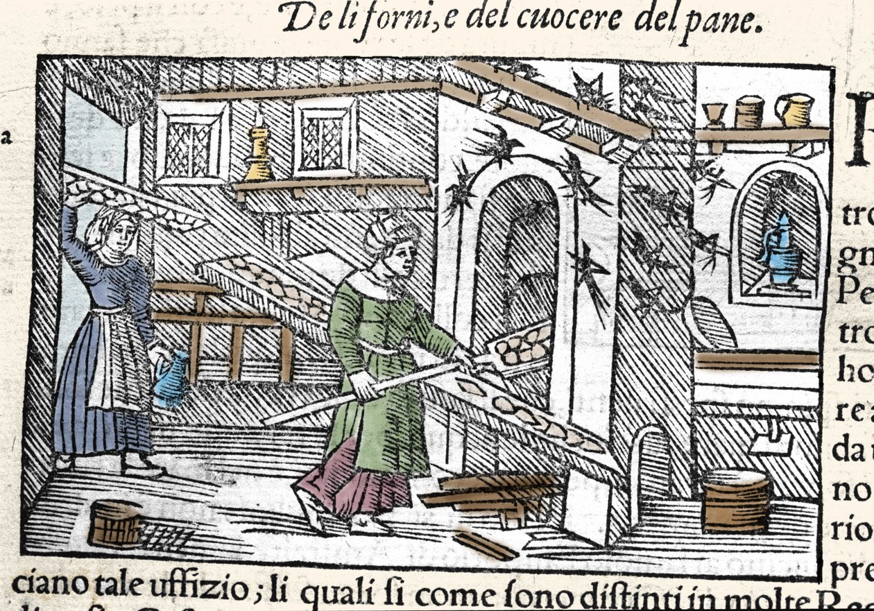 Voorbereiding en bakken van brood in een oven. Gravure door Olaus Magnus (1490-1557), Zweedse geestelijke en geograaf, 