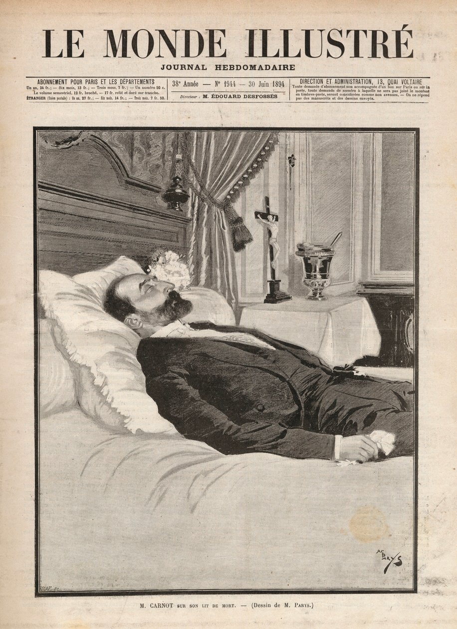 President van de republiek Sadi Carnot (1837-1894) op zijn sterfbed, hij werd vermoord op 24 juni op de tentoonstelling van Lyon, door Sante Caserio (1873-1894) - Gravure in 