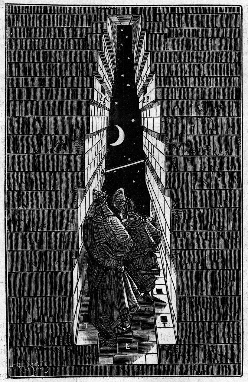 Priesters van het oude Egypte observeren de sterren in de Grote Piramide van Cheops in Gizeh. Gravure in 