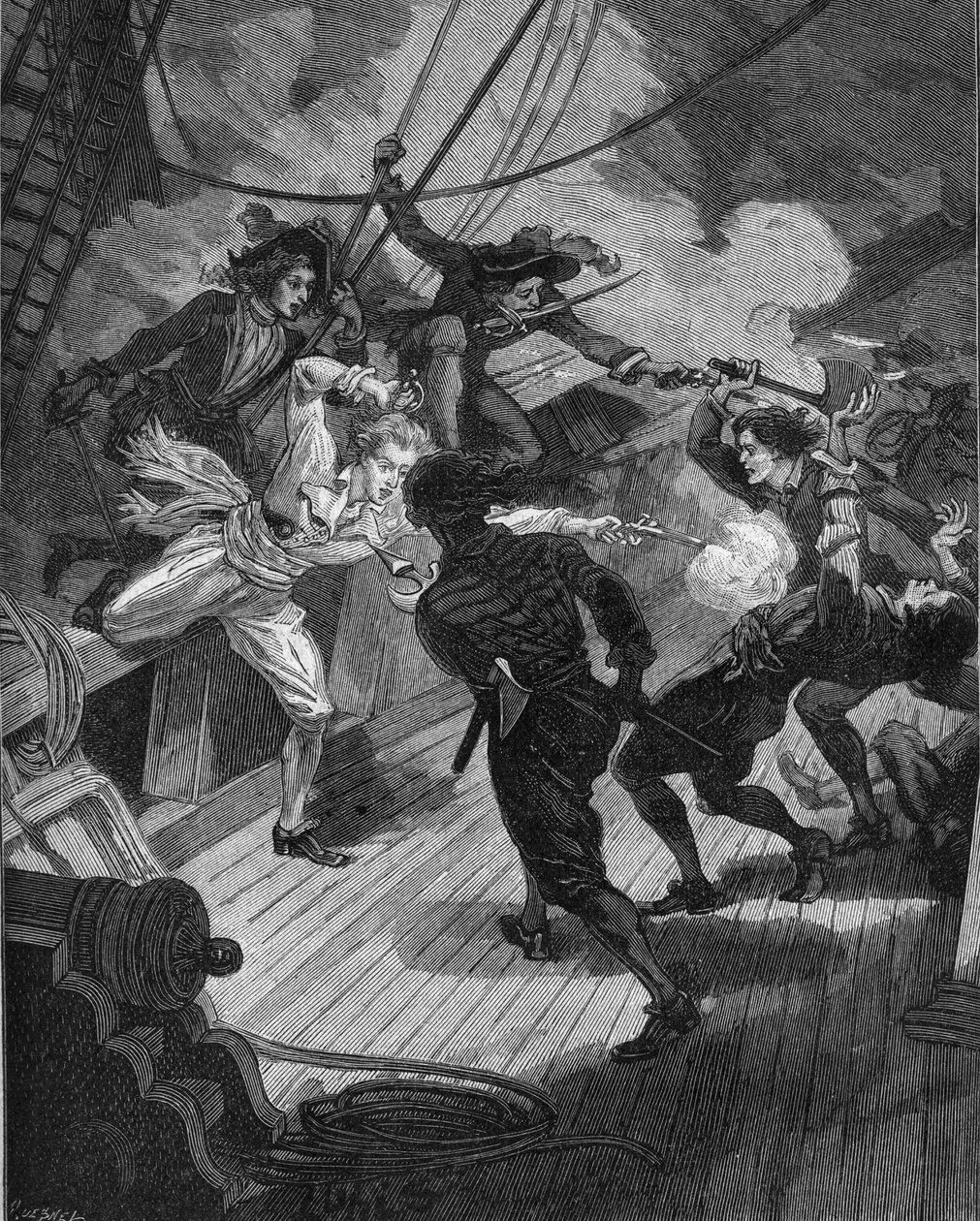Kaper Jean Bart (1650-1702) nadert een schip. Gravure uit de 19e eeuw. In 