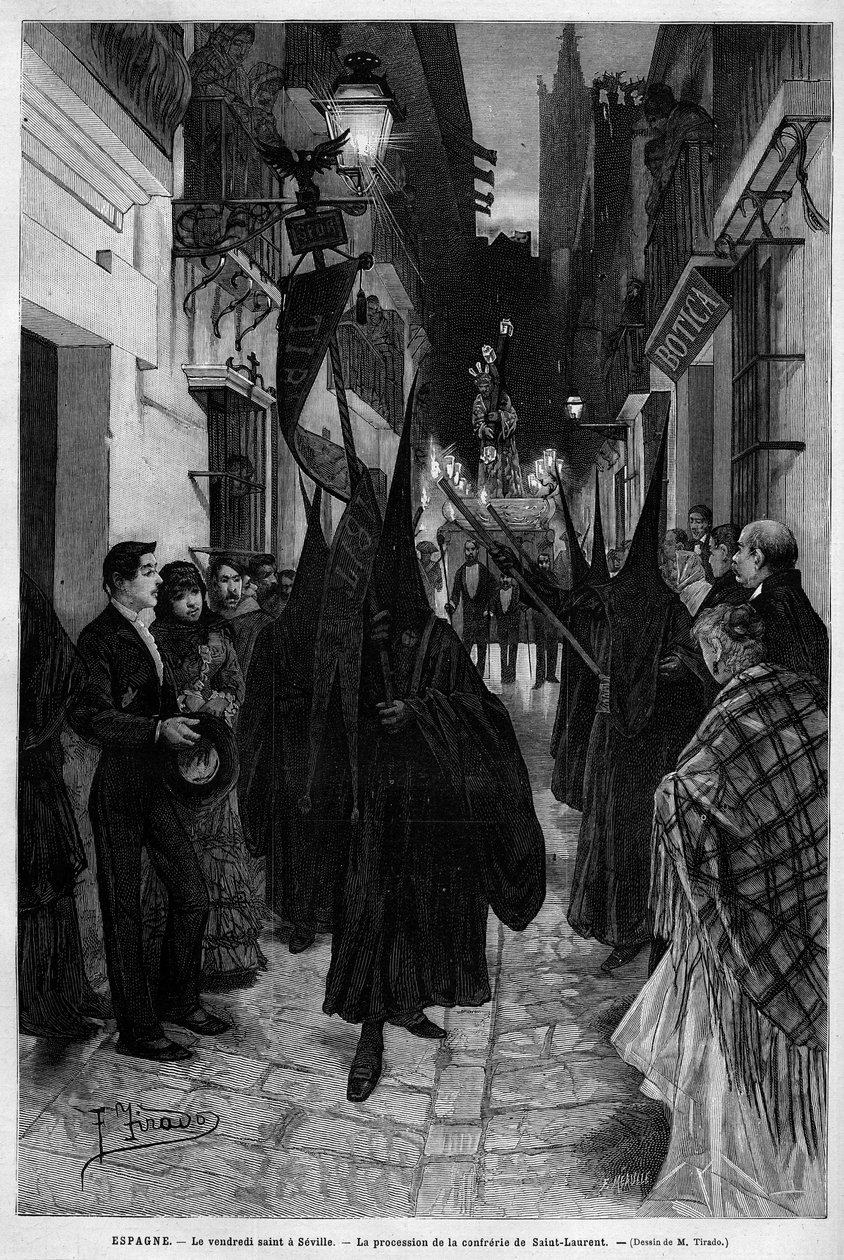 Processie van de broederschap van Sint Laurentius (St. Lawrence) in Sevilla (Spanje) op Goede Vrijdag. Gravure in Le Monde illustrious 1883 door Unknown artist