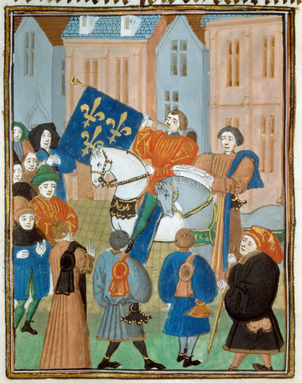Proclamatie van Vrede in Reims op 2 oktober 1435 na de ondertekening van het Verdrag van Arras tussen koning Karel VII en de hertog van Bourgondië Filips III de Goede, waarmee een einde kwam aan de burgeroorlog tussen de Armagnacs en de Bourgondiërs. Minia door Unknown artist