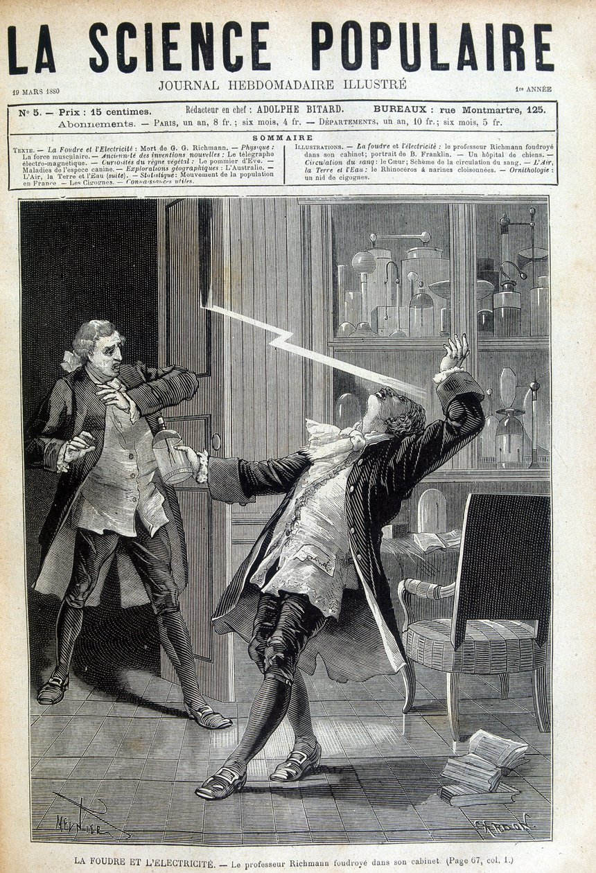 Professor Georges Guillaume Richmann (1711-1753) stierf in zijn werkplaats na een experiment met een elektrometer door Unknown artist