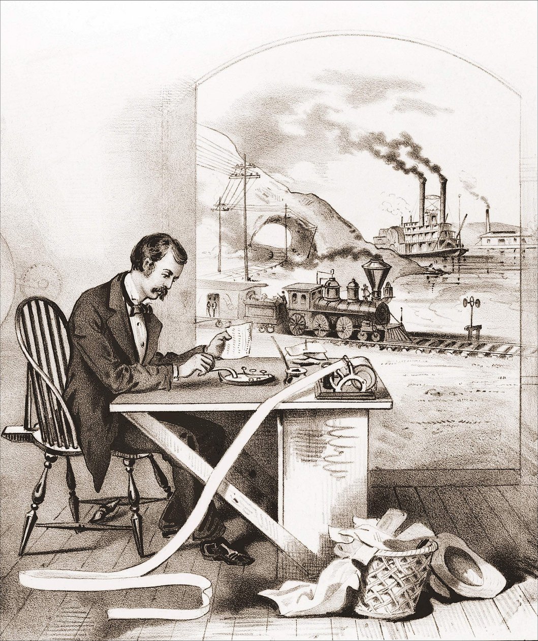 Vooruitgang van de Eeuw (19e eeuw): Morse telegrafie, Dageraadboot, Trein, enz. door Unknown artist