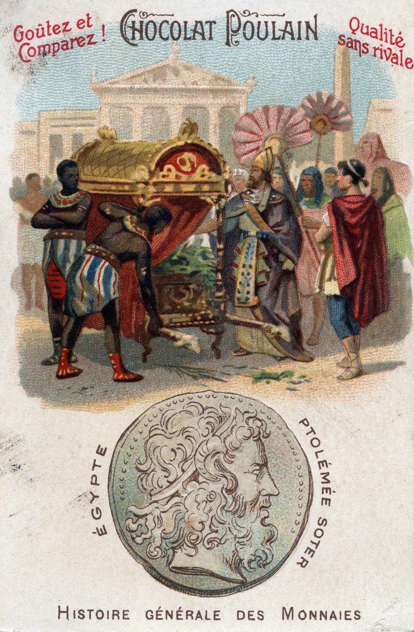 Ptolemaeus I (360-283 v.Chr.) Soter (redder) liet Alexander de Grote begraven. In Algemene Geschiedenis van Munten. Chocolade-foal chromolithografie uit het einde van de 19e eeuw. Privécollectie. door Unknown artist