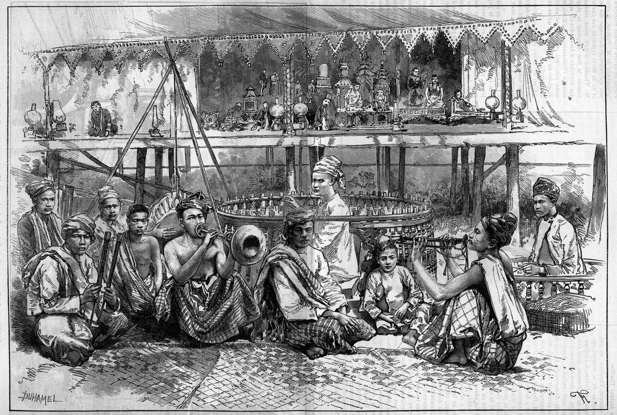 Poppentheater met muzikanten in Birma. Gravure in "The Illustrous World" door Unknown artist