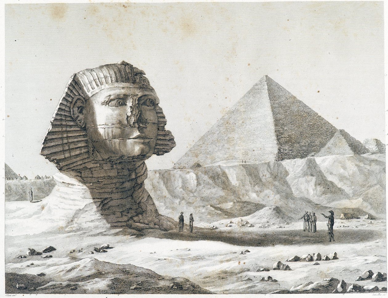 Piramides van Gizeh: uitzicht op de Sfinx en de Grote Piramide, genomen vanuit het zuidoosten - in "Description of Egypt", keizerlijke edities door Unknown artist