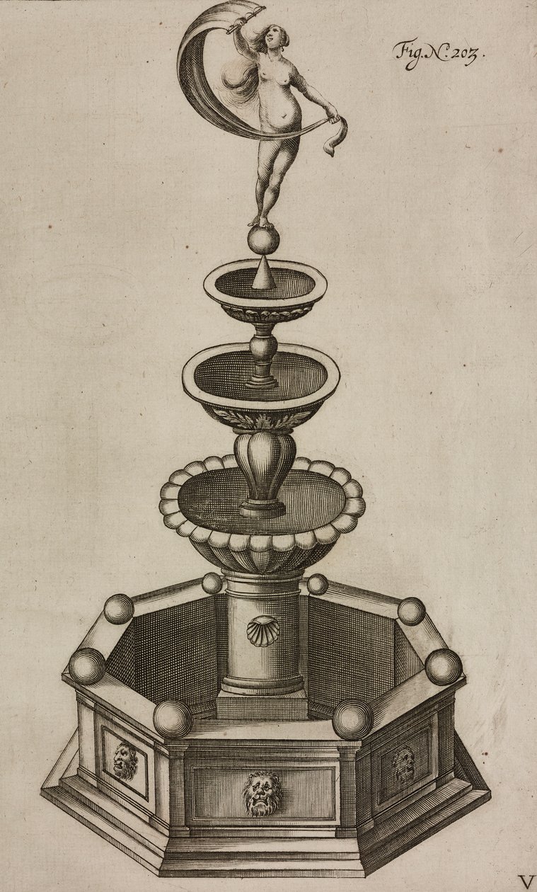 Pyrotechnische fontein die vuurwerksysteem binnenin verbergt, gravure uit Grand Art d