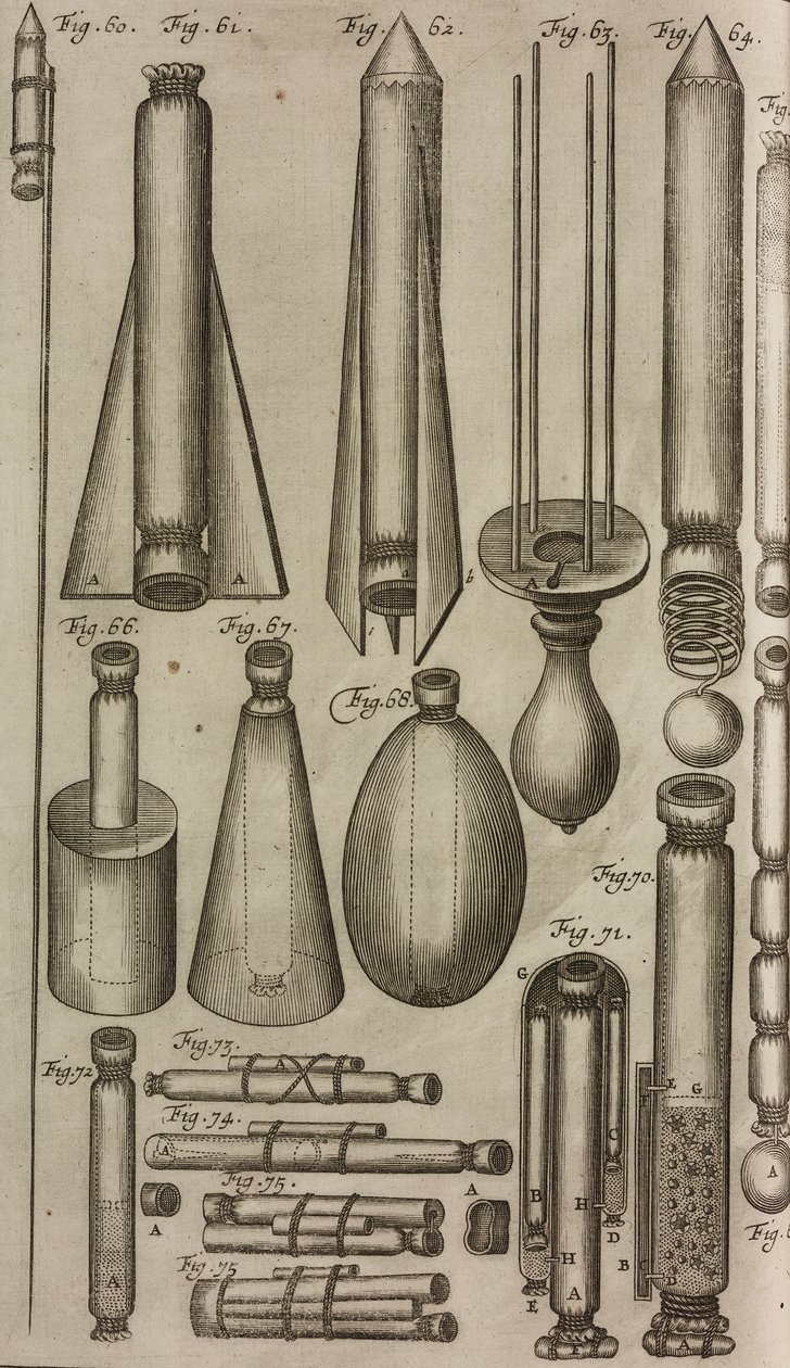 Pyrotechnische raketten en instrumenten, gravure uit Grand Art d