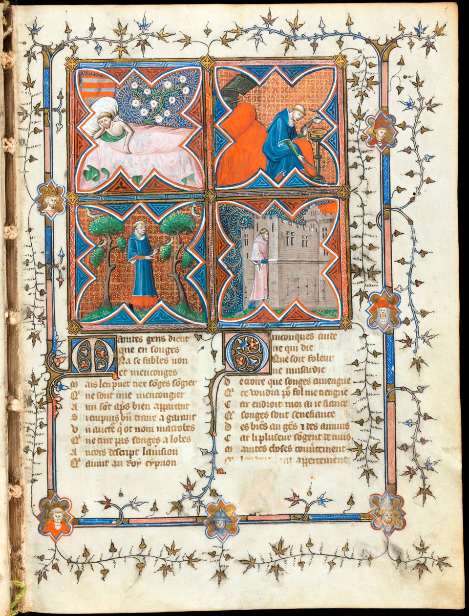 Vier mannen bezig met verschillende activiteiten, pagina uit het manuscript "Le Roman de la Rose" van Guillaume de Lorris en Jean de Meun door Unknown artist