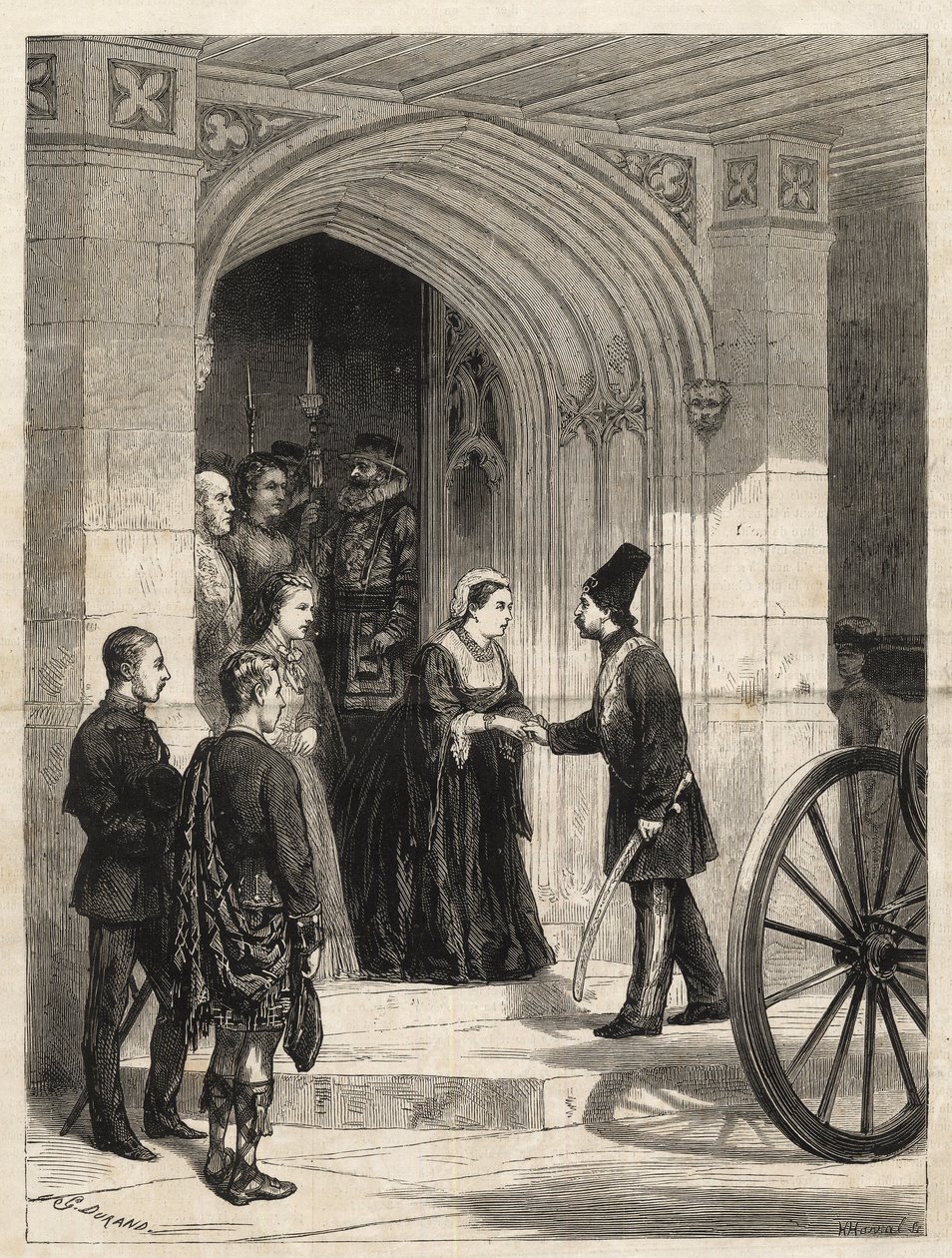 Koningin Victoria ontvangt de sjah van Perzië (Naser al-Din Shah Qajar - Nassereddin Shah Qajar) (Nasser al-Din of Nassereddin Shah, Nassiruddin Shah of Nasir al Din) (1831-1896) bij de ingang van de soeverein, Windsor Castle - 1873 - Gravure uit 