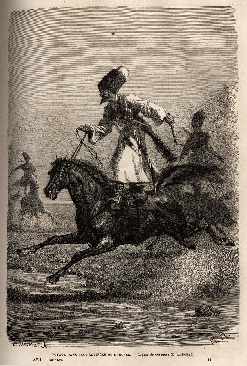 Race van Kozakken, balancerend op hun zadel, ruiters slaan hun paarden om ze te laten galopperen. Gravure ter illustratie van de reis in de provincies van de Kaukasus, door Basile Vereschaguine, in 1864-1865, gepubliceerd in 