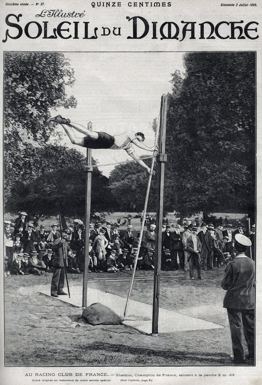 Racing Club van Frankrijk. Sheldon, kampioen van Frankrijk, springt 2,95 m om een sprong te maken. Gravure in 
