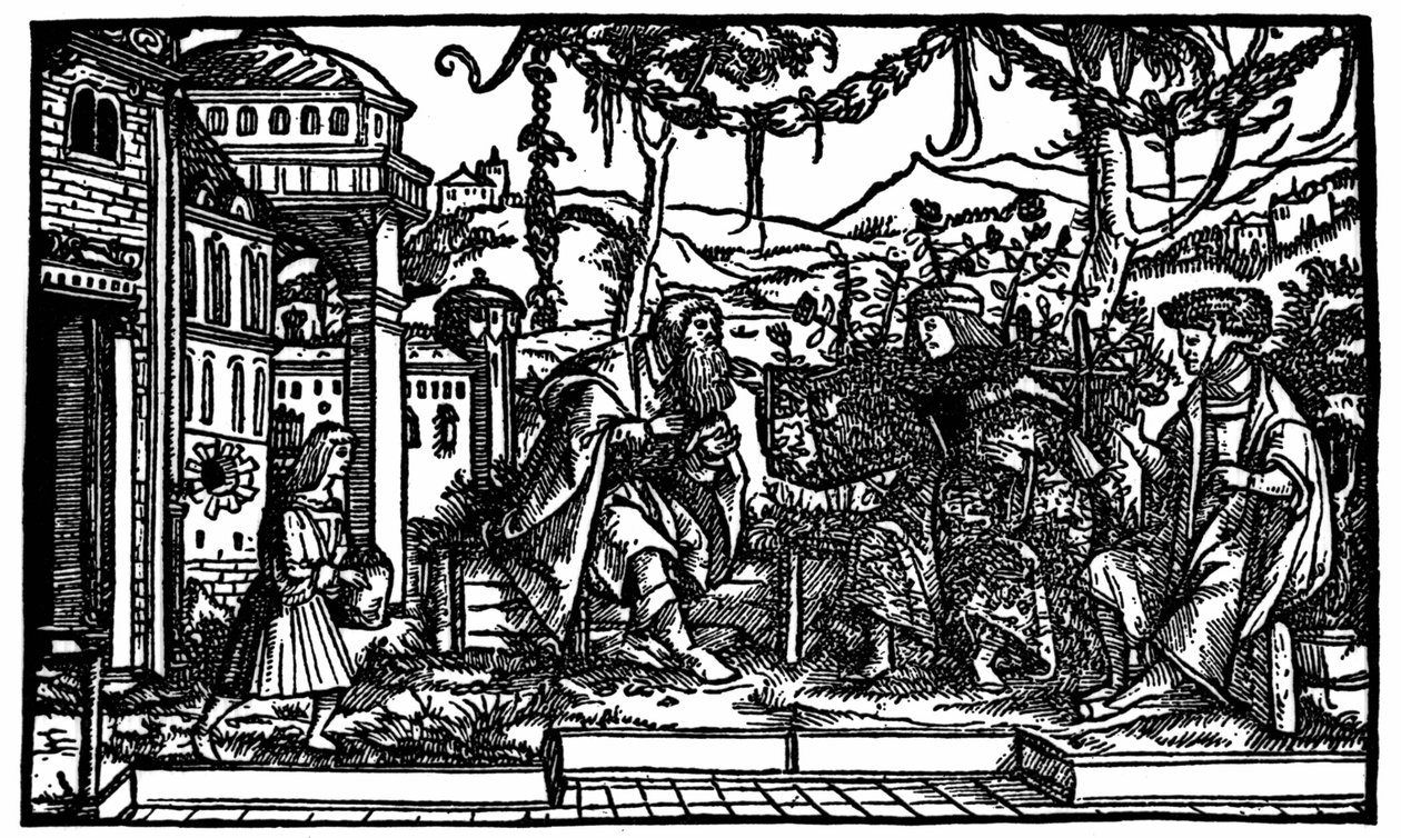 Raphaël Hythlodée, een reiziger die vijf jaar in Utopia doorbracht, vertelt Thomas More en Pierre Gilles over zijn reis. Houtsnede gepubliceerd in de editie van 