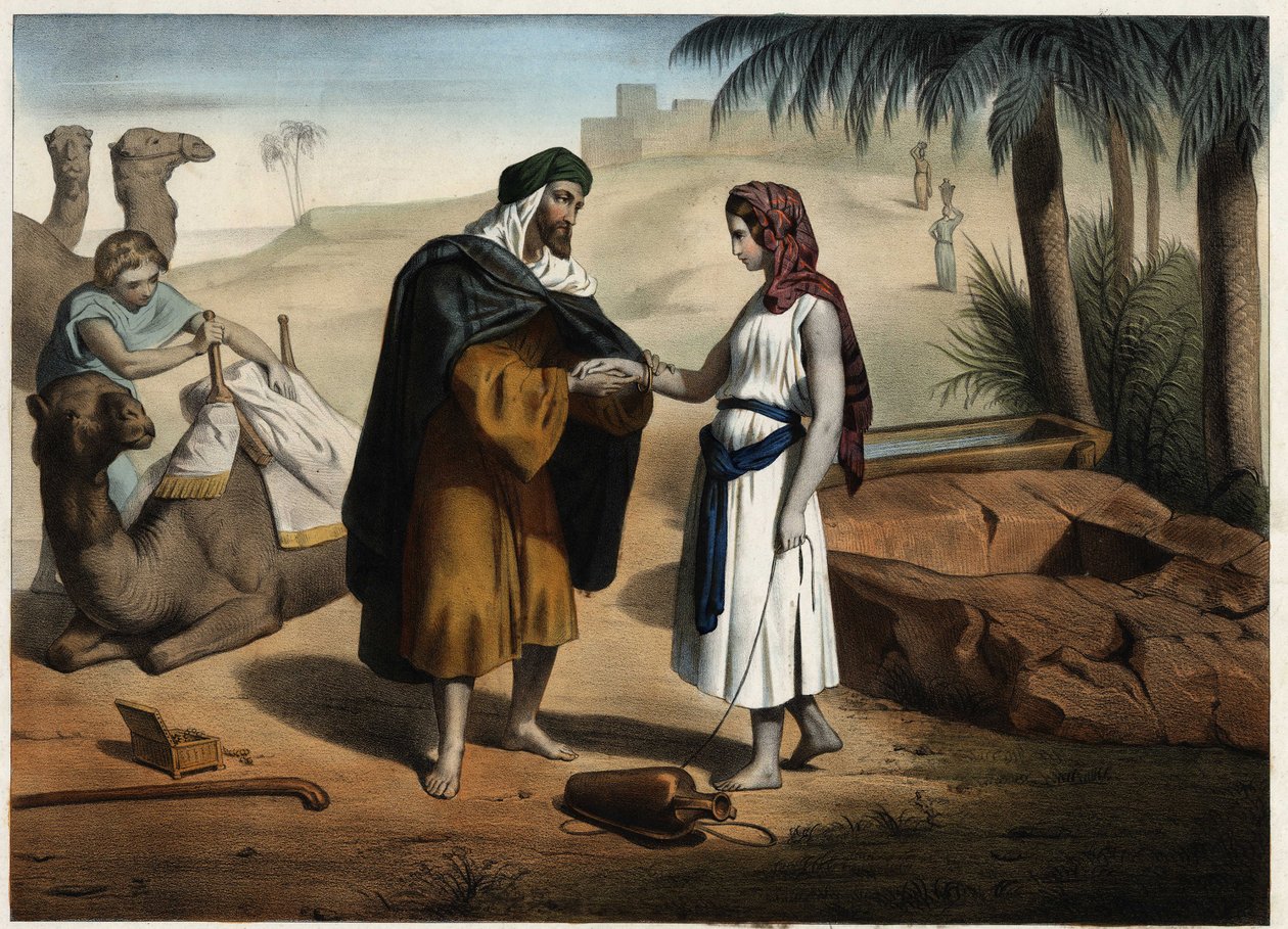 Rebecca en Eliezer bij de bron: Eliezer van Damascus, belast met het vinden van een vrouw voor Isaac in Mesopotamië, brengt Rebecca terug. Anonieme gravure uit de 19e eeuw. door Unknown artist