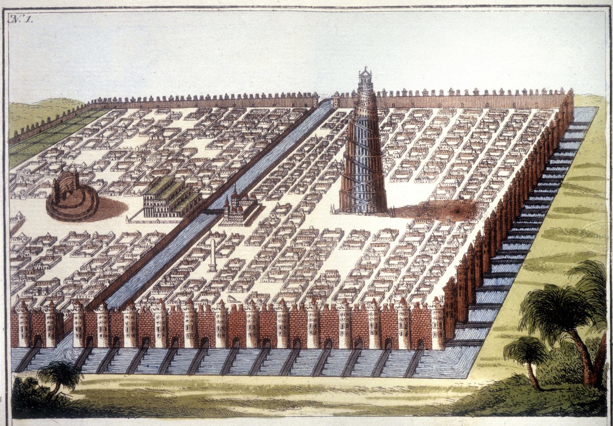 Gereconstrueerd zicht op de oude stad Babylon, met de omheining, de hangende tuinen en de ziggurat. door Unknown artist
