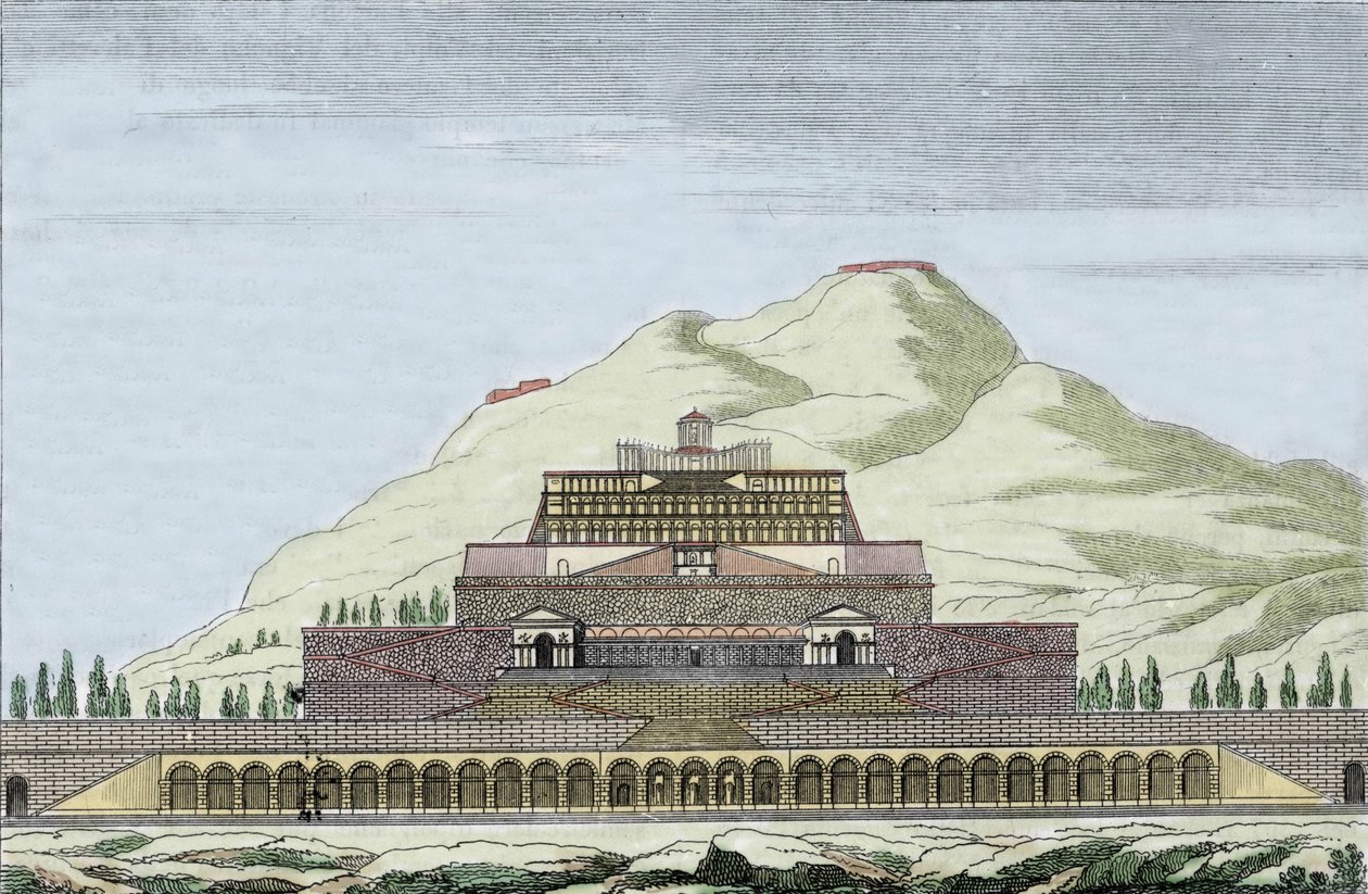 Reconstructie van de tempel van Fortuna (Romeinse godin van het toeval) in Palestrina, Italië. Gravure uit de 19e eeuw door Unknown artist