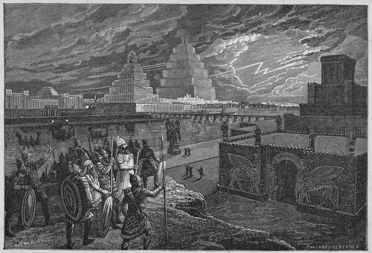 Reconstructie van de tempels en paleizen langs de rivier van Babylon - Mesopotamië: reconstructie van de stad Babylon, gebouwd onder het bewind van koning Nebukadnezar II. door Unknown artist