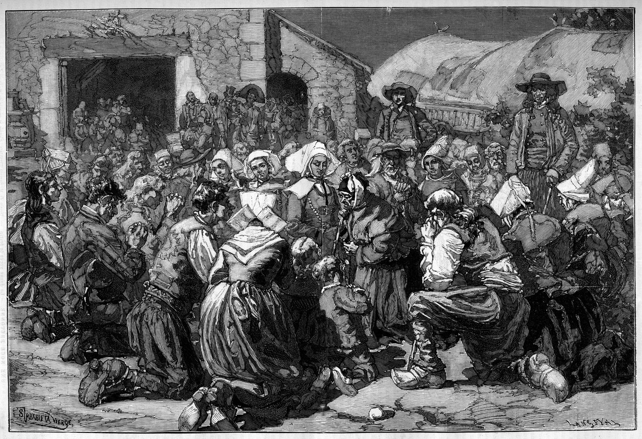 Regionale gewoonte van Frankrijk, Bretons huwelijk: bedelaars bidden voor de echtgenoten. Gravure in 