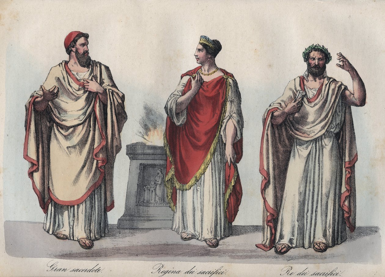 Religie in het oude Rome - Romeinse priester - Regina sacrorum - Rex Sacrorum (rex sacrificulus) - gravure uit 