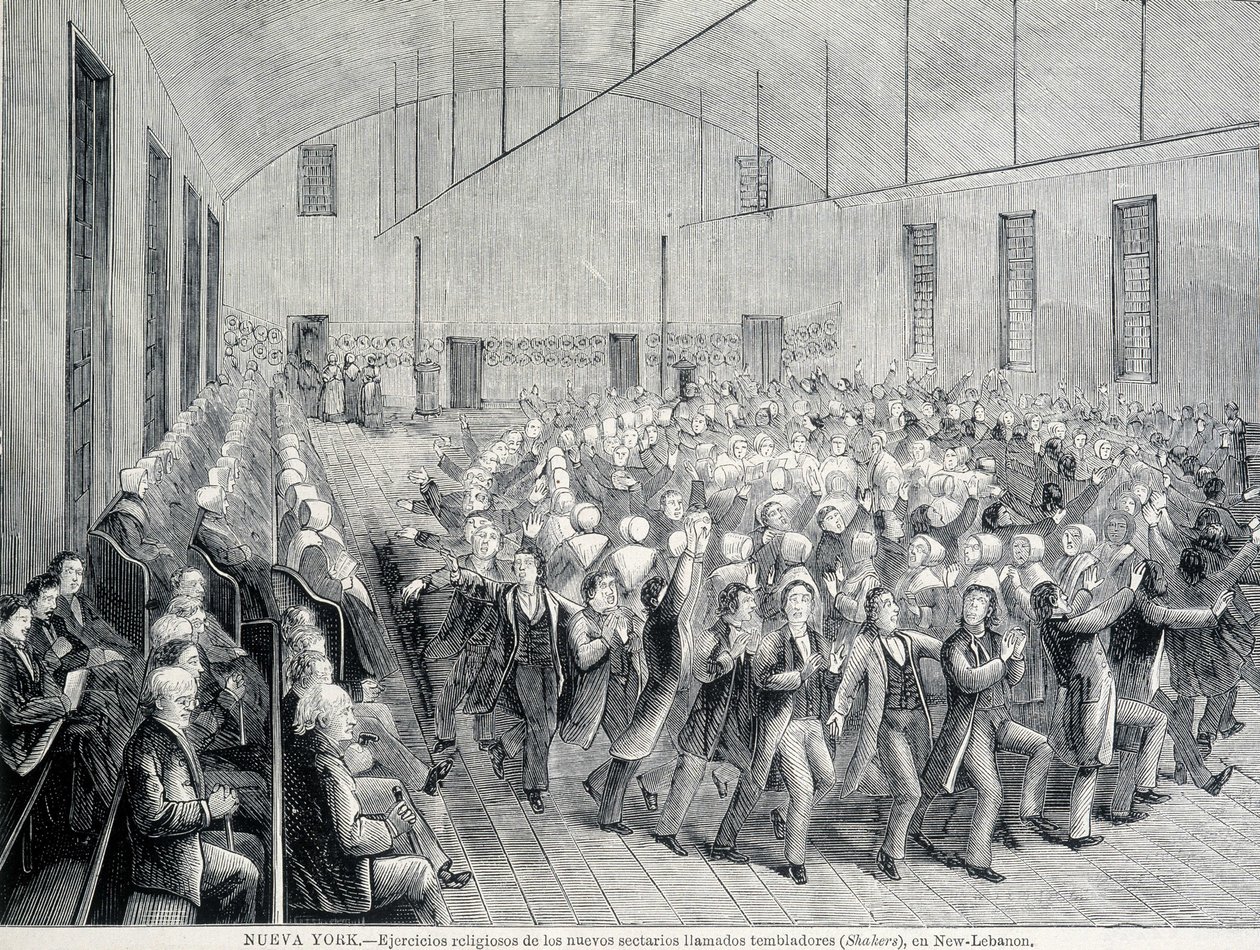 Religieuze processie van de Shakers in New York. Illustratie uit de 19e eeuw. door Unknown artist