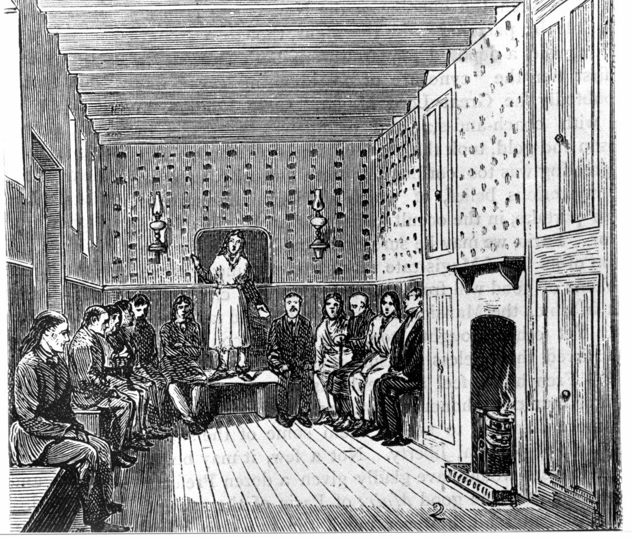 Religieuze bijeenkomst van Amerikaanse shakers. 19e-eeuwse gravure. door Unknown artist