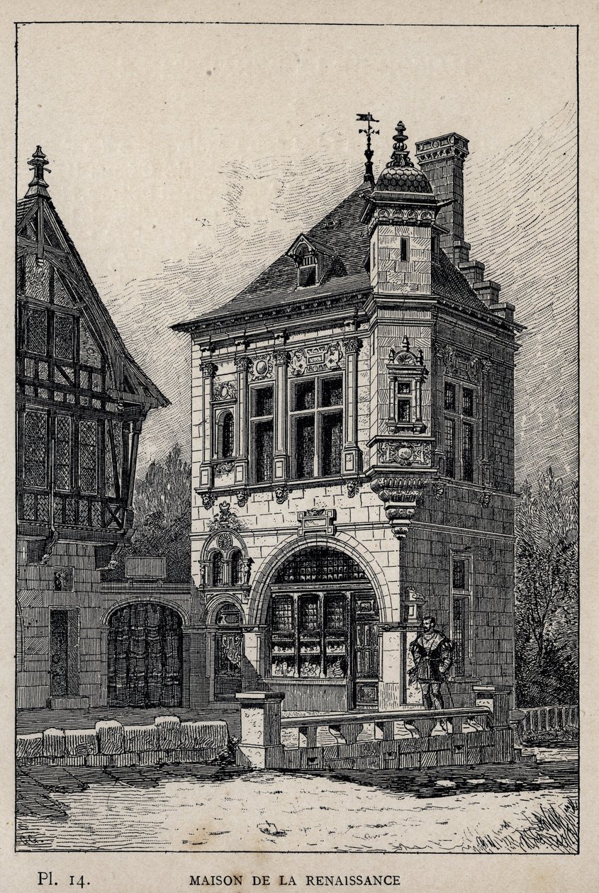 Renaissance huis - gravure van 1889 in 