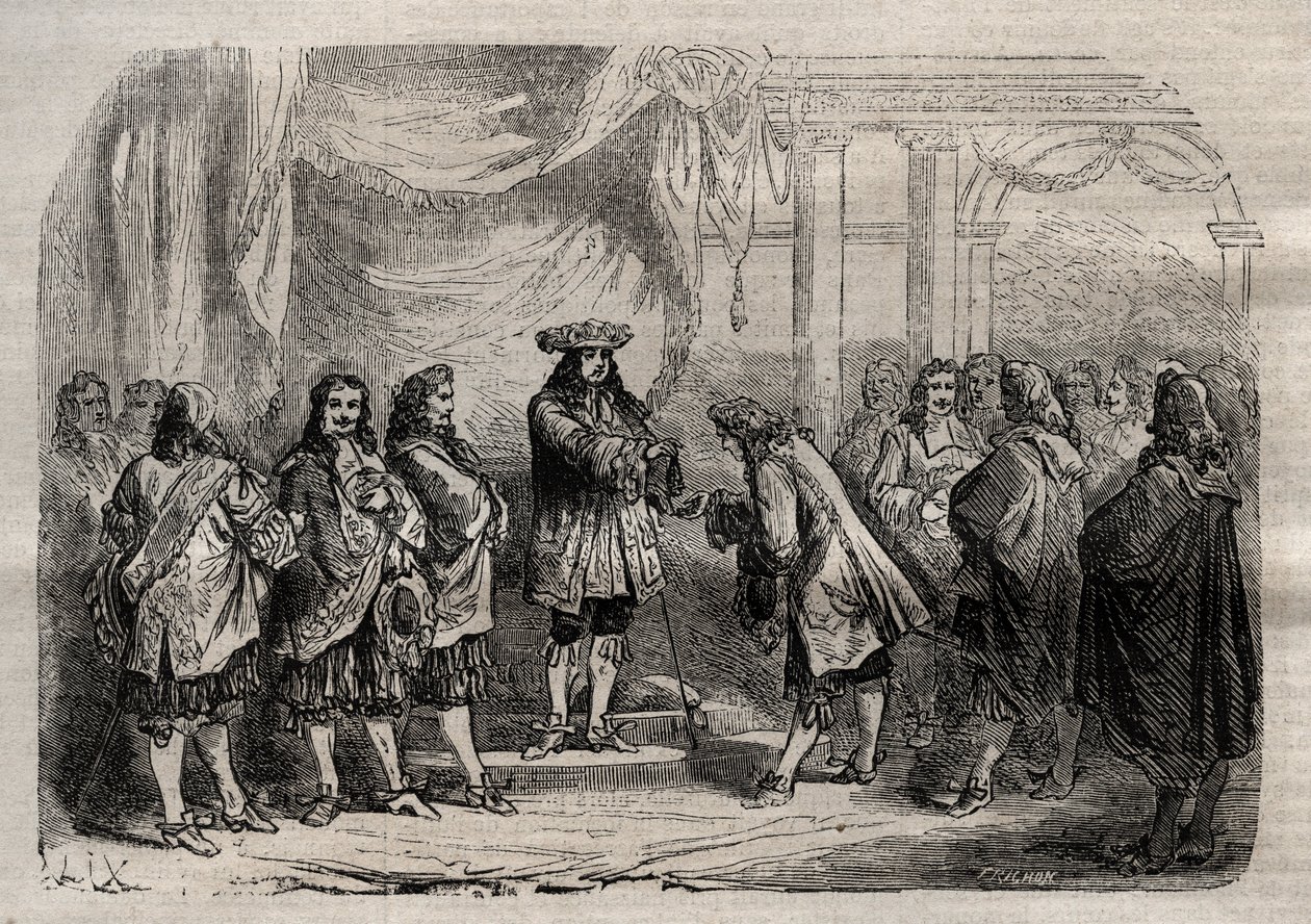 René Duguay-Trouin (1673-1736) ontvangt het kruis van Saint-Louis uit handen van koning Lodewijk XIV - gravure in 