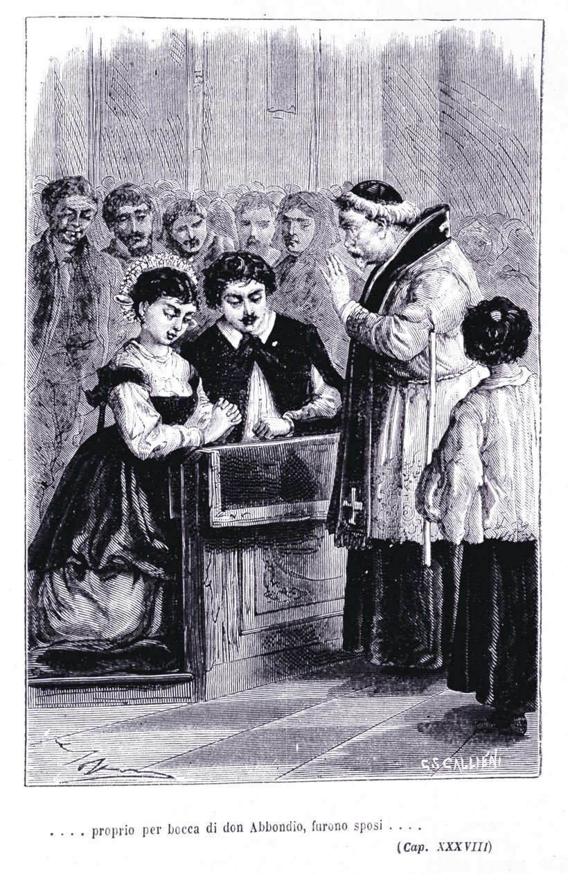 Huwelijk van Renzo en Lucia. Gravure in 
