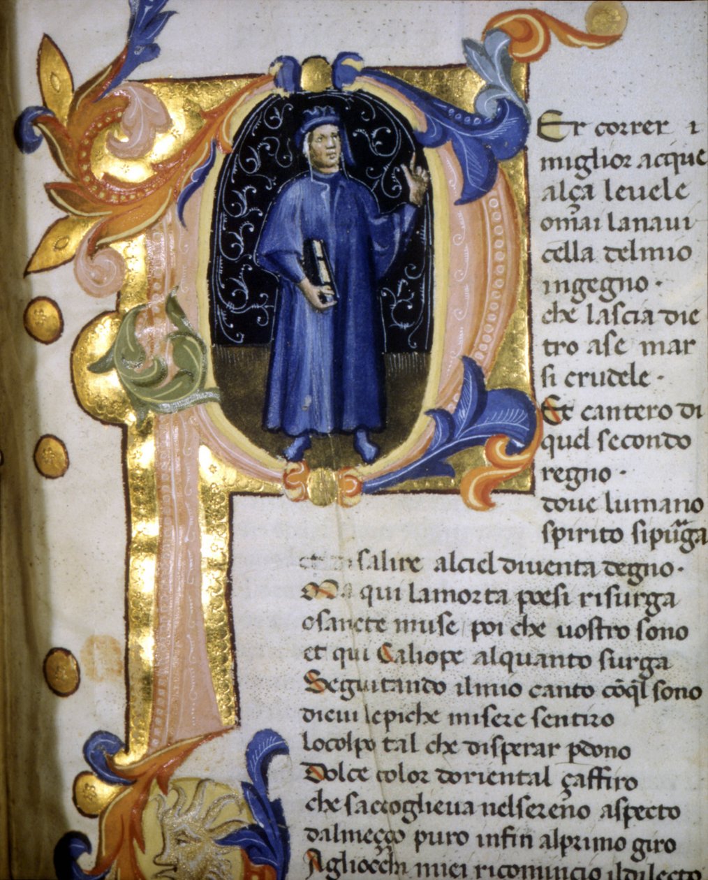 Voorstelling in een lettrine van de dichter Dante Alighieri (1265 - 1321), miniatuur 14e eeuw door Unknown artist