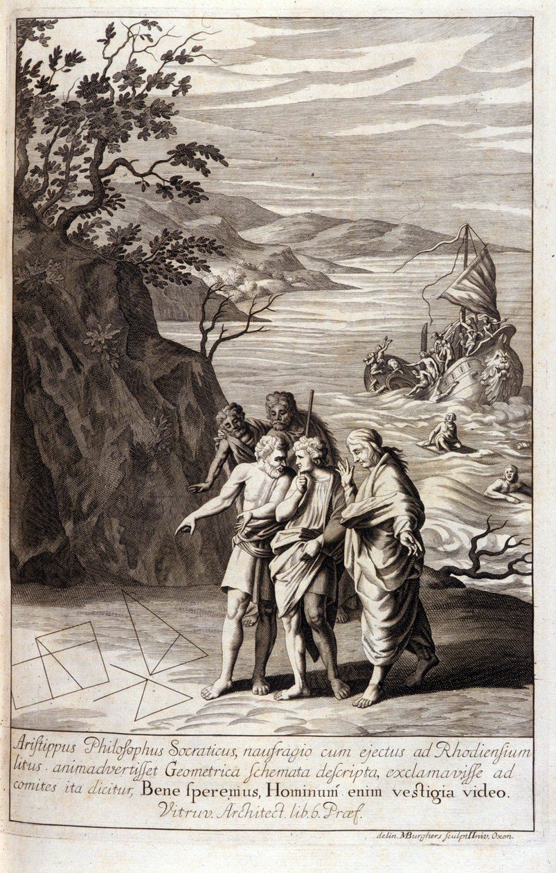 Voorstelling van Aristipus van Cyrene (435-356 v.Chr.) Griekse filosoof en leerling van Socrates, na het schipbreuk die hem op de kust van Rhodos wierp, ontdekt hij geometrische sporen in het zand. Gravure uit Boek XV van Euclides
