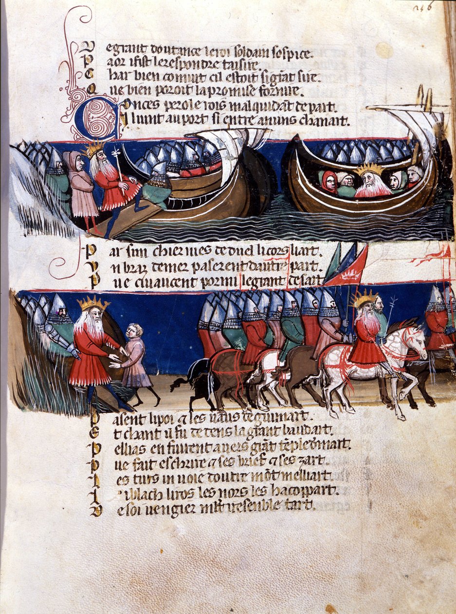Voorstelling van Karel de Grote (742-814) tijdens zijn veroveringen: hij vaart op een schip en leidt zijn legers. Miniatuur uit het Frans-Italiaanse manuscript 