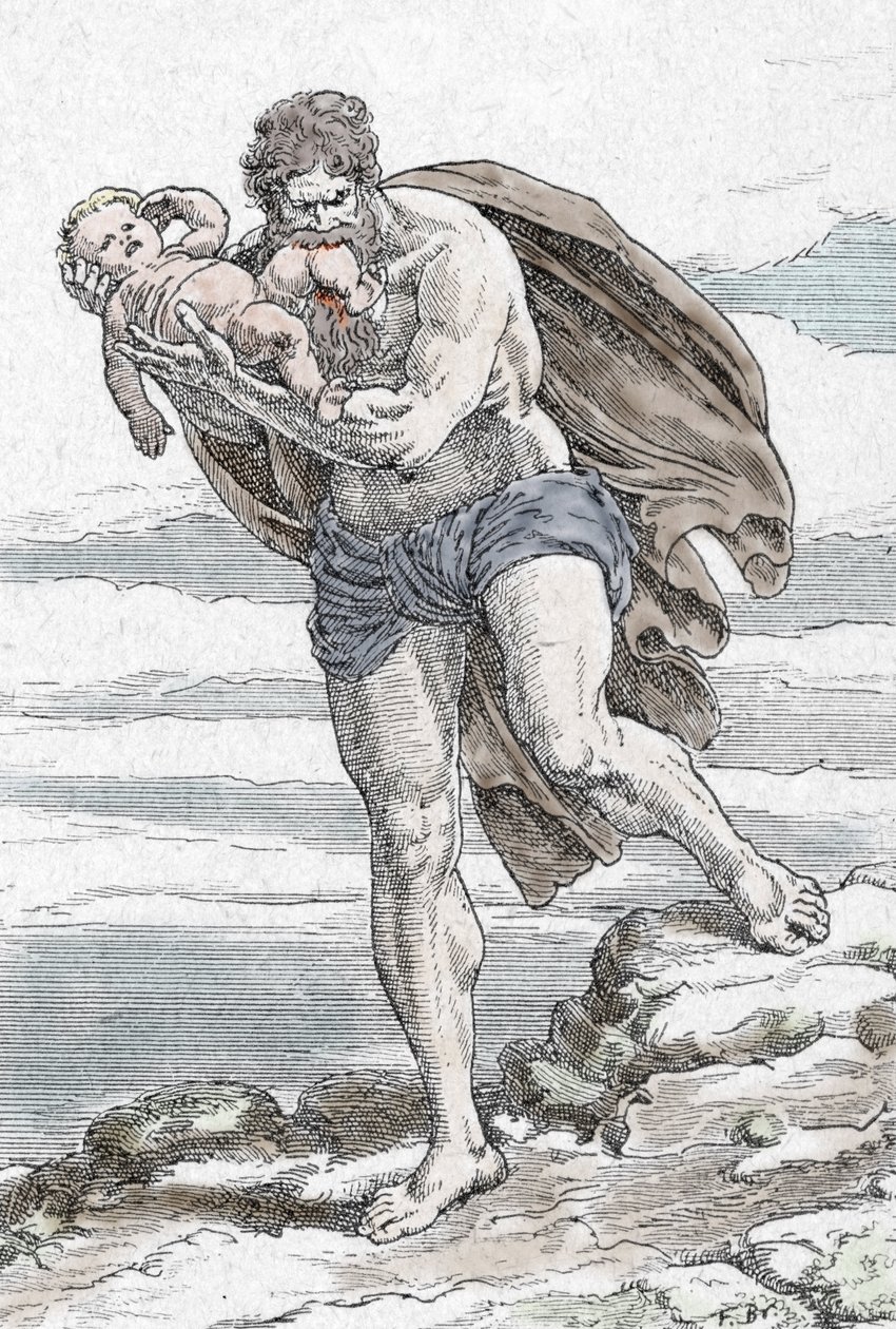 Voorstelling van Cronos (Kronos) die een van zijn kinderen verslindt (Cronus die een van zijn kinderen verslindt) Gravure uit "Mijn mooie mythologische verhalen" door HS Bres, begin 20e eeuw privécollectie door Unknown Artist