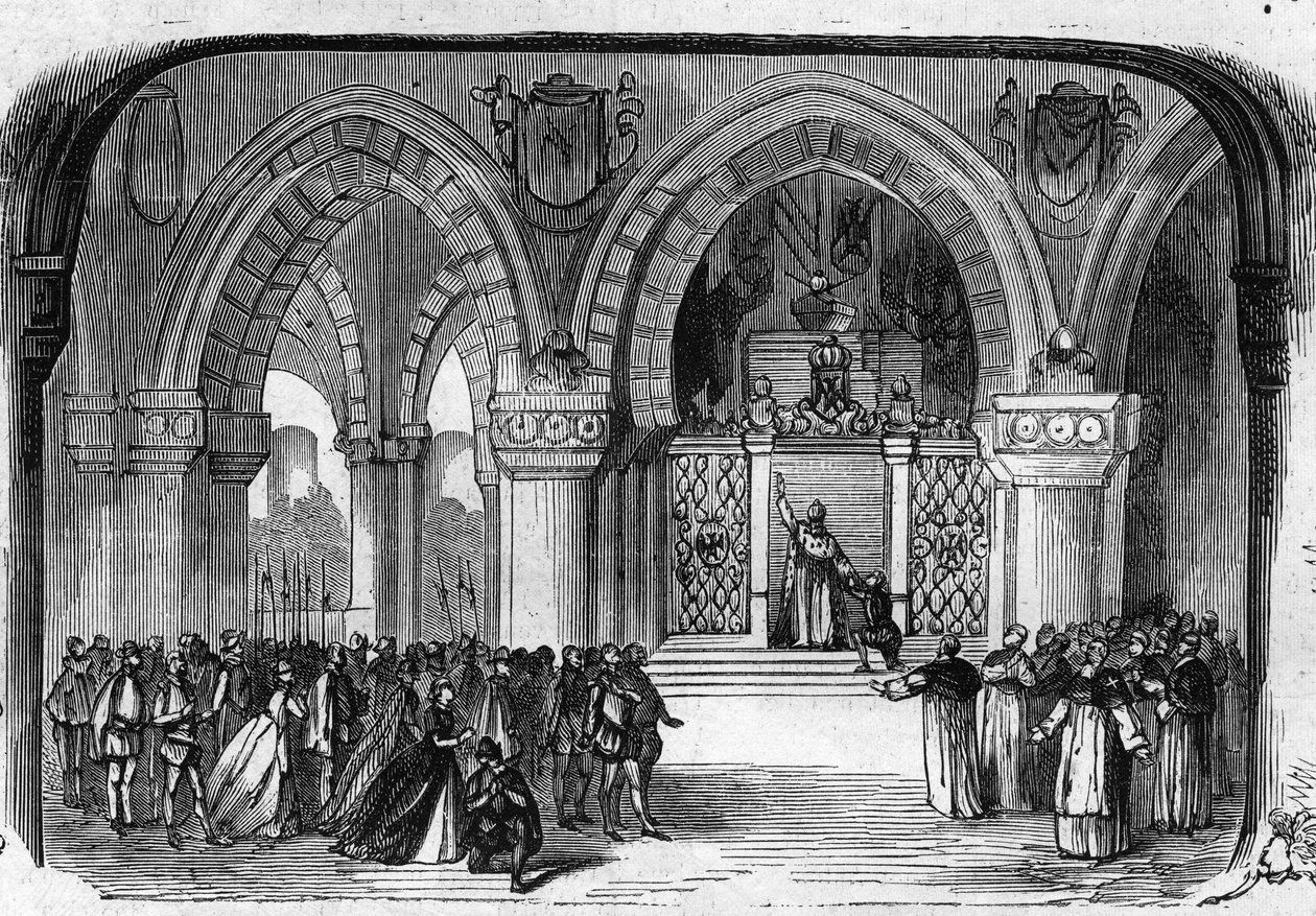 Voorstelling van Don Carlo (Don Carlos) Opera in 5 bedrijven door Giuseppe Verdi in de Parijse Opera op 11 maart 1867. Scène van het 5e bedrijf: Klooster van St. Juste, verschijning van Karel V. Gravure uit 1867 door Unknown artist