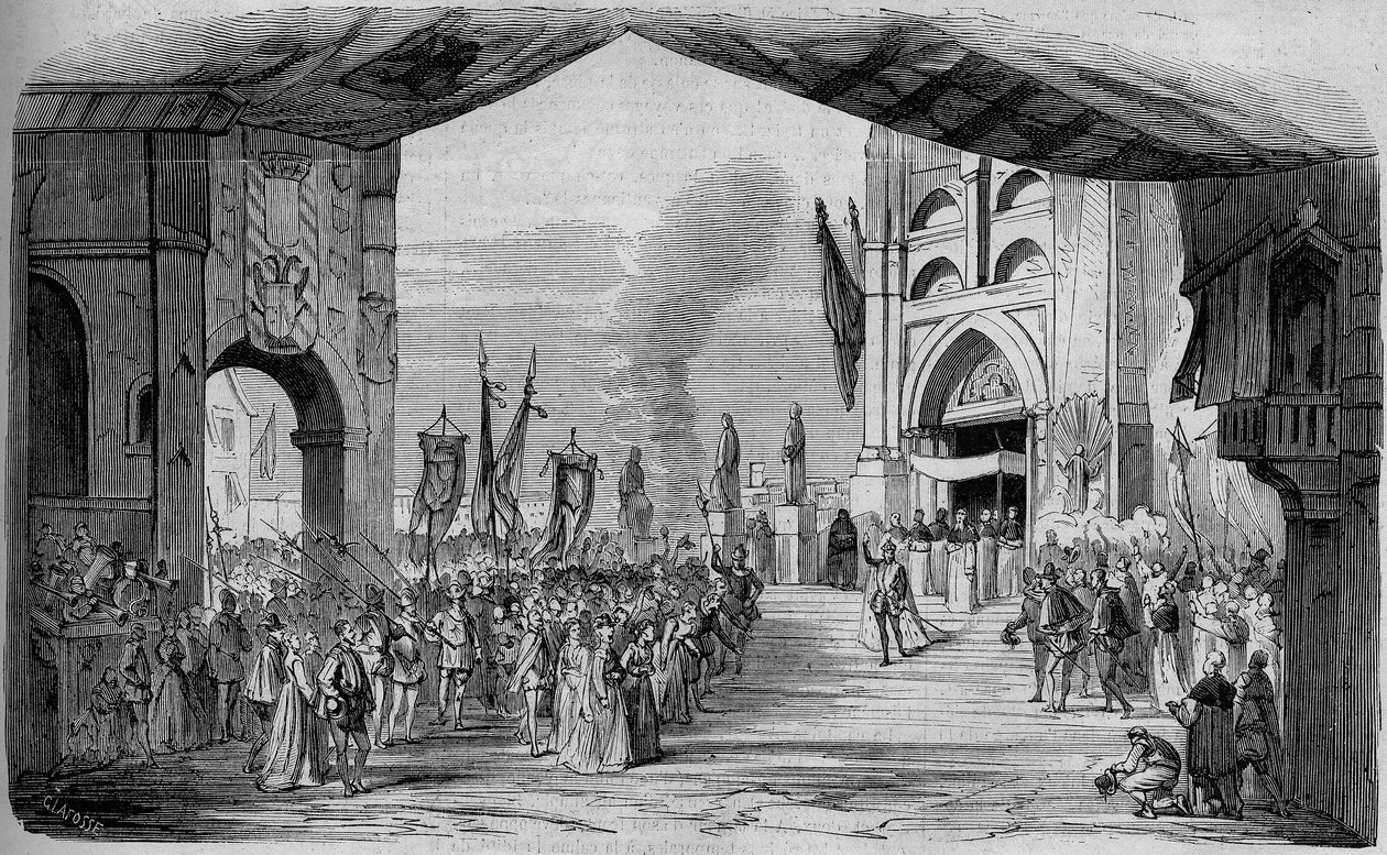 Voorstelling van Don Carlo (Don Carlos) Opera in 5 bedrijven door Giuseppe Verdi in de Parijse Opera op 11 maart 1867. De car da fe, 3e bedrijf, decor van Cambon en Thierry. Gravure uit 1867. door Unknown artist