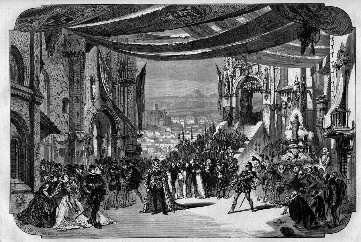 Voorstelling van Don Carlo (Don Carlos) Opera in 5 bedrijven door Giuseppe Verdi in de Parijse Opera op 11 maart 1867. In Neuville